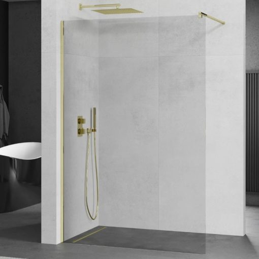 Mexen Kioto Gold Walk-In Nano 130x200, 130 cm široká univerzálna sprchová zástena s 8 mm hrubým vodoodpudivým bezpečnostným sklom, 200 cm vysoká, zlatá