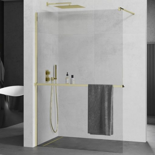 Mexen Kioto+ Gold Walk-In Nano 120x200, 120 cm široká univerzálna sprchová zástena s 8 mm hrubým vodoodpudivým bezpečnostným sklom, výška 200 cm, zlatá