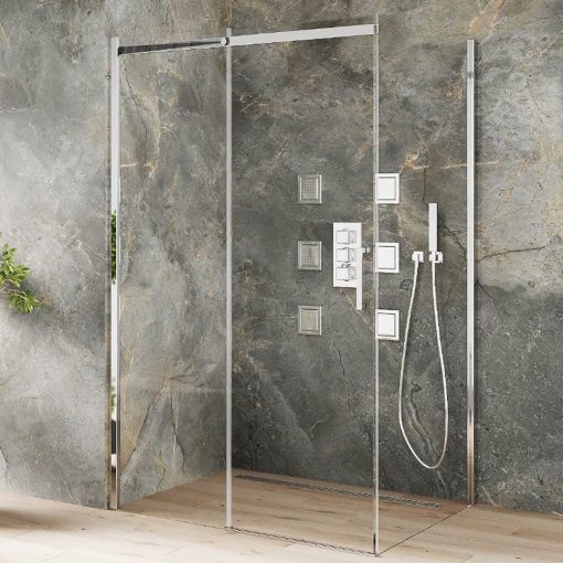 Mexen Omega 120x80 asymetrický hranatý sprchový kút s posuvnými dverami s 8 mm hrubým vodoodpudivým bezpečnostným sklom, chrómované prvky, výška 190 cm