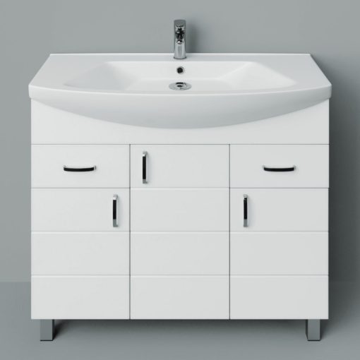 MART 100 cm široká voľne stojaca kúpeľňová umývadlová skrinka, lesklá biela, s 3 "soft close" dvierkami a 2 zásuvkami, s oblým keramickým umývadlom