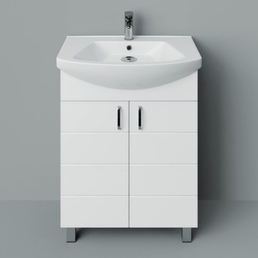 MART 55 cm široká voľne stojaca kúpeľňová umývadlová skrinka, lesklá biela, s 2 "soft close" dvierkami a oblým keramickým umývadlom