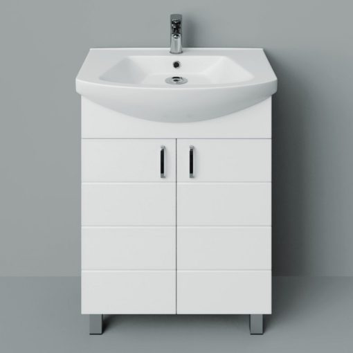 MART 65 cm široká voľne stojaca kúpeľňová umývadlová skrinka, lesklá biela, s 2 "soft close" dvierkami a oblým keramickým umývadlom
