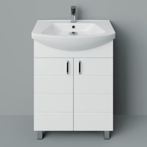 MART 65 cm široká voľne stojaca kúpeľňová umývadlová skrinka, lesklá biela, s 2 "soft close" dvierkami 