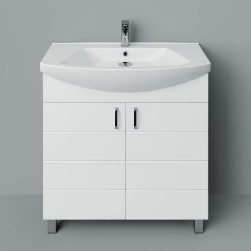 MART 75 cm široká voľne stojaca kúpeľňová umývadlová skrinka, lesklá biela, s 2 "soft close" dvierkami a oblým keramickým umývadlom