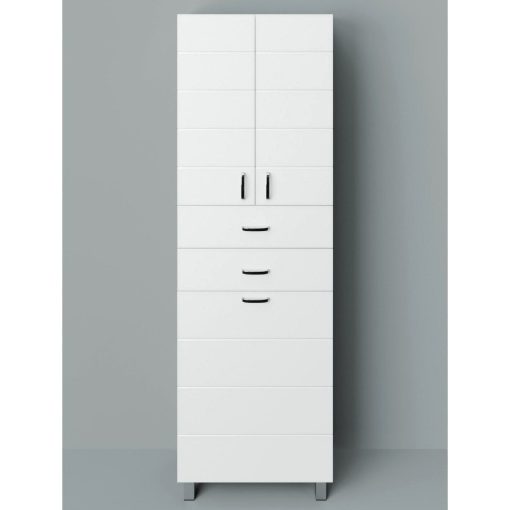 MART 60 cm široká, vysoká voľne stojaca kúpeľňová skrinka, lesklá biela, s 2 dvierkami "soft close", 2 zásuvkami a košom na prádlo