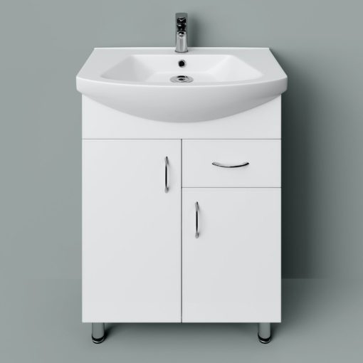 STANDARD 65 cm široká voľne stojaca kúpeľňová umývadlová skrinka, lesklá biela, s 2 dvierkami a 1 zásuvkou, s oblým keramickým umývadlom