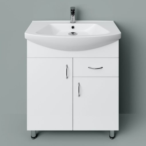 STANDARD 75 cm široká voľne stojaca kúpeľňová umývadlová skrinka, lesklá biela, s 2 dvierkami a 1 zásuvkou, s oblým keramickým umývadlom