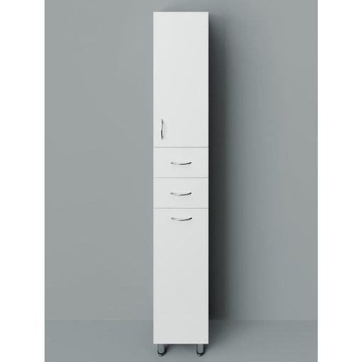STANDARD 30 cm široká, vysoká voľne stojaca kúpeľňová skrinka, lesklá biela, s 1 dvierkami, 2 zásuvkami a košom na prádlo