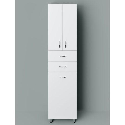 STANDARD 45/60 cm široká, vysoká voľne stojaca kúpeľňová skrinka, lesklá biela, s 2 dvierkami, 2 zásuvkami a košom na prádlo