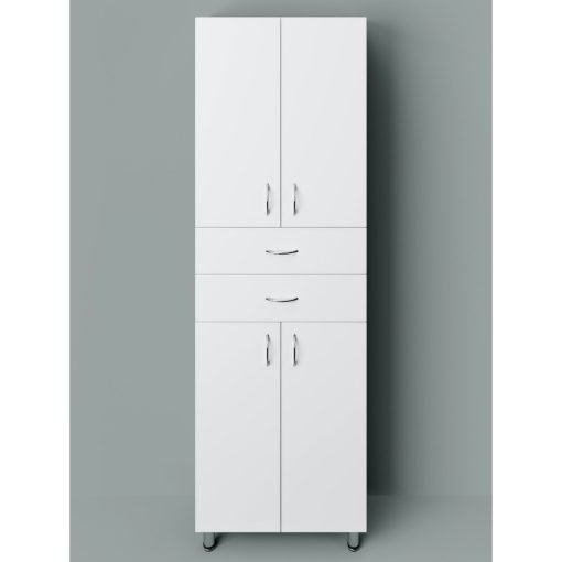 STANDARD 60 cm široká policová vysoká voľne stojaca kúpeľňová skrinka, lesklá biela, so 4 dvierkami a 2 zásuvkami