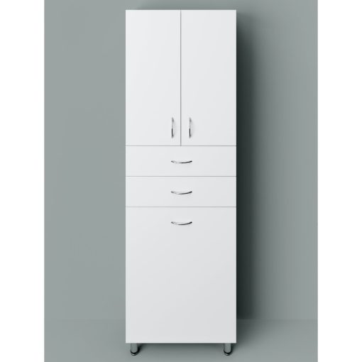 STANDARD 60 cm široká, vysoká voľne stojaca kúpeľňová skrinka, lesklá biela, s 2 dvierkami, 2 zásuvkami a košom na prádlo