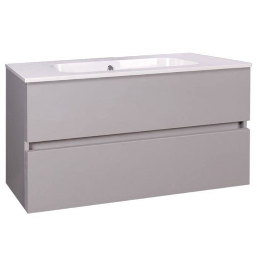 Wellis Elois Grey 80 cm široká závesná 2-zásuvková kúpeľňová umývadlová skrinka s lakovaným vysokolesklým povrchom v svetlosivej farbe, soft close