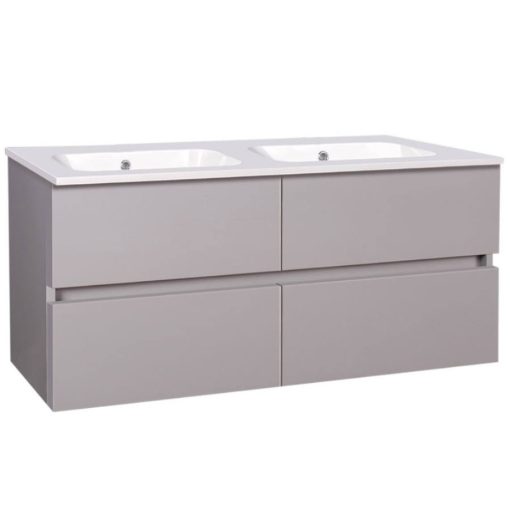 Wellis Elois Grey 120 cm široká závesná 4-zásuvková kúpeľňová umývadlová skrinka s lakovaným vysokolesklým povrchom v svetlosivej farbe, soft close