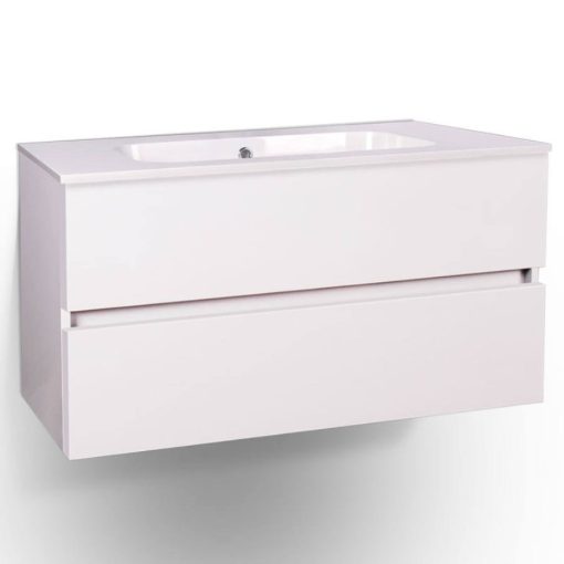 Wellis Elois White 80 cm široká závesná 2-zásuvková kúpeľňová umývadlová skrinka s lakovaným vysokolesklým povrchom v bielej farbe, soft close