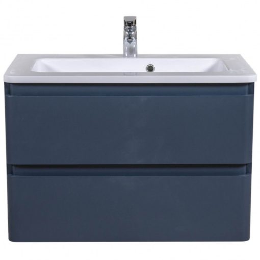 ACCENT námornícka modrá 80 cm široká závesná kúpeľňová spodná skrinka s 2 samozaťahovacímí zásuvkami a umývadlom z liateho mramoru so zaoblenými rohmi 